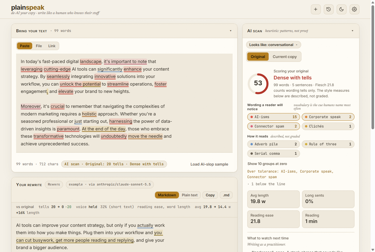 The PlainSpeak window with the sample draft loaded and its tells highlighted in the AI scan panel